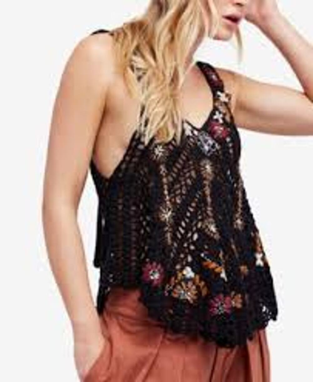 FREE PEOPLE Last Rose Embroidered Crochet Top Black Size Medium M Ties in Back